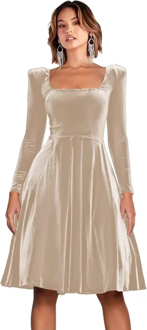 RSOETOO Velvet Long Sleeves Cocktail Party Evening Dresses Square Neck Pleated Midi Formal Dresses RO214