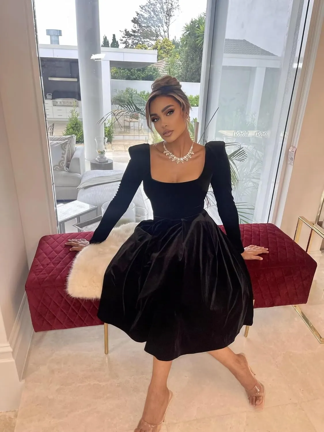 RSOETOO Velvet Long Sleeves Cocktail Party Evening Dresses Square Neck Pleated Midi Formal Dresses RO214