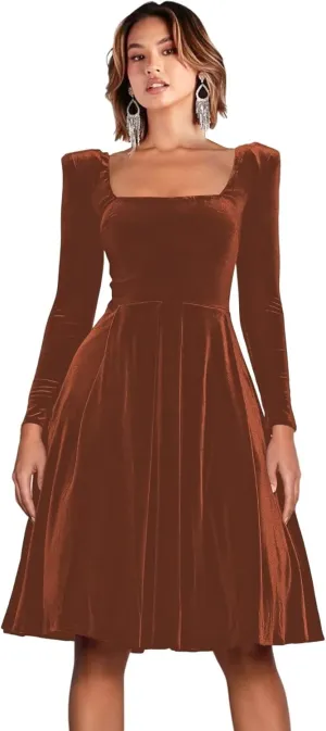 RSOETOO Velvet Long Sleeves Cocktail Party Evening Dresses Square Neck Pleated Midi Formal Dresses RO214