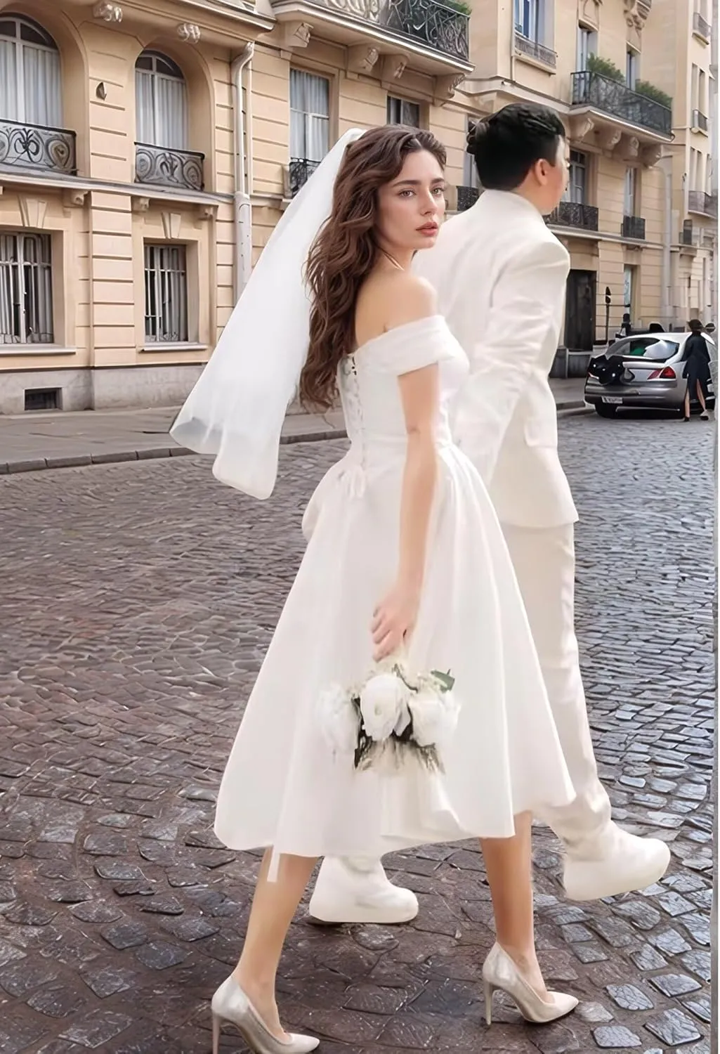 RunaCelle Tulle Wedding Dress for Bride Off The Shoulder Prom Party Gown A Line Strapless Tea Length Wedding Gown for Women