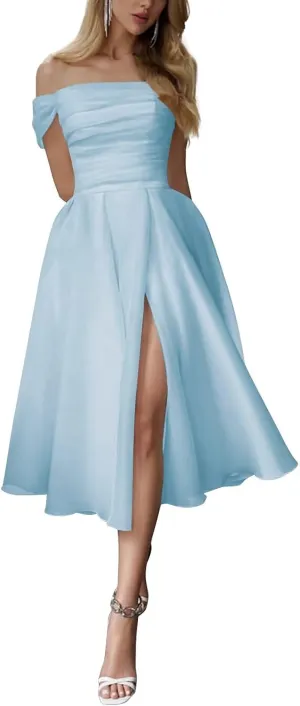 RunaCelle Tulle Wedding Dress for Bride Off The Shoulder Prom Party Gown A Line Strapless Tea Length Wedding Gown for Women