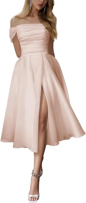 RunaCelle Tulle Wedding Dress for Bride Off The Shoulder Prom Party Gown A Line Strapless Tea Length Wedding Gown for Women