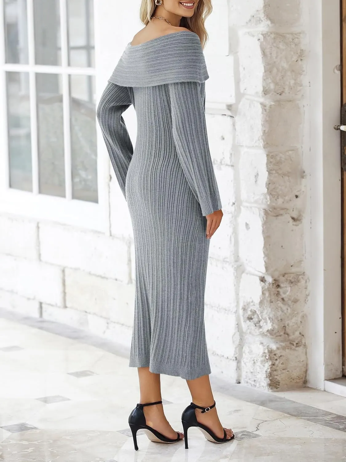 Saodimallsu Womens Off Shoulder Maxi Sweater Dress Long Sleeve Bodycon Sexy Elegant Cocktail Party Knit Dresses