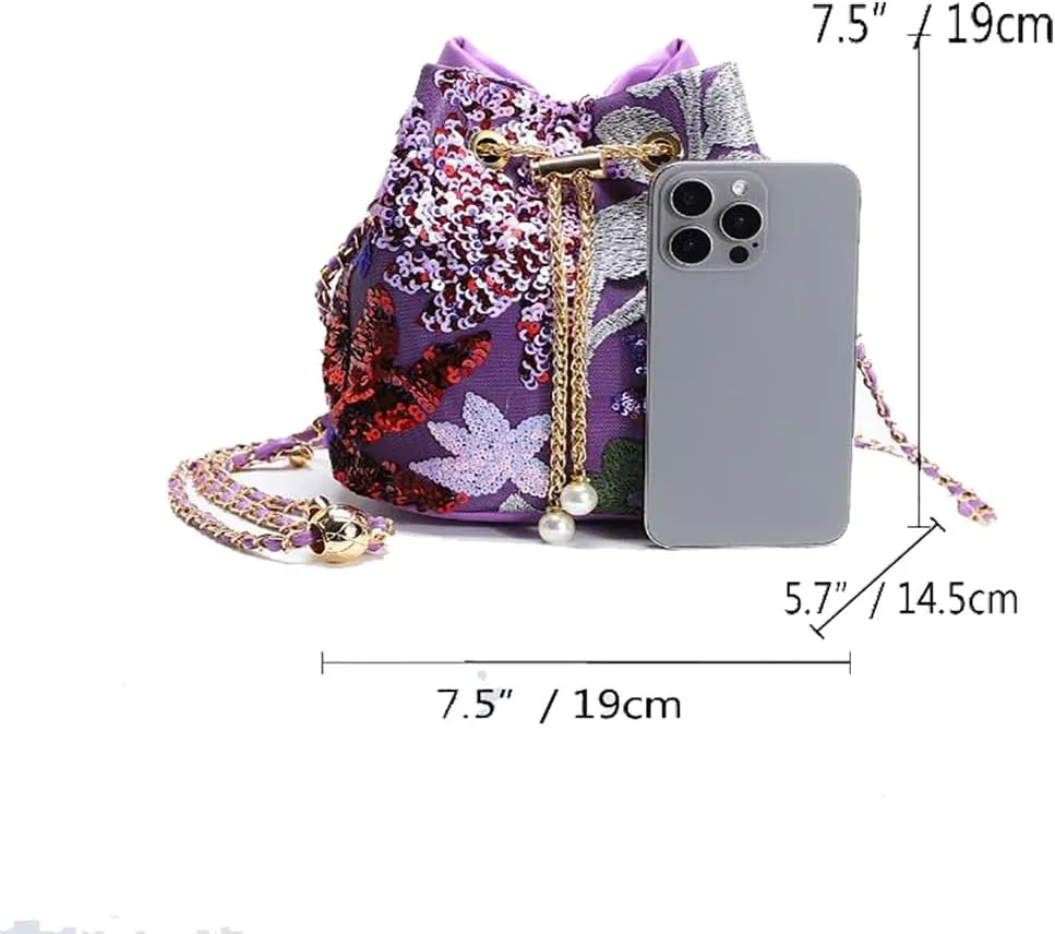 Sequins Bucket Bag Chinese Retro Crossbody Bags Embroidered Flowers Chain Handbag For Travel Daily Shopping 1PCS