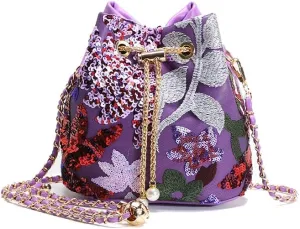 Sequins Bucket Bag Chinese Retro Crossbody Bags Embroidered Flowers Chain Handbag For Travel Daily Shopping 1PCS