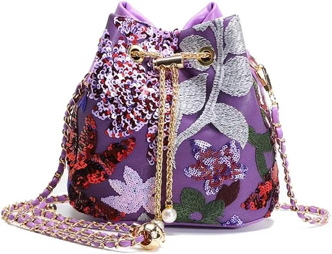 Sequins Bucket Bag Chinese Retro Crossbody Bags Embroidered Flowers Chain Handbag For Travel Daily Shopping 1PCS