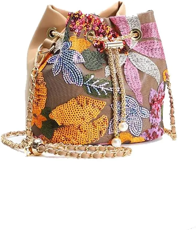 Sequins Bucket Bag Chinese Retro Crossbody Bags Embroidered Flowers Chain Handbag For Travel Daily Shopping 1PCS