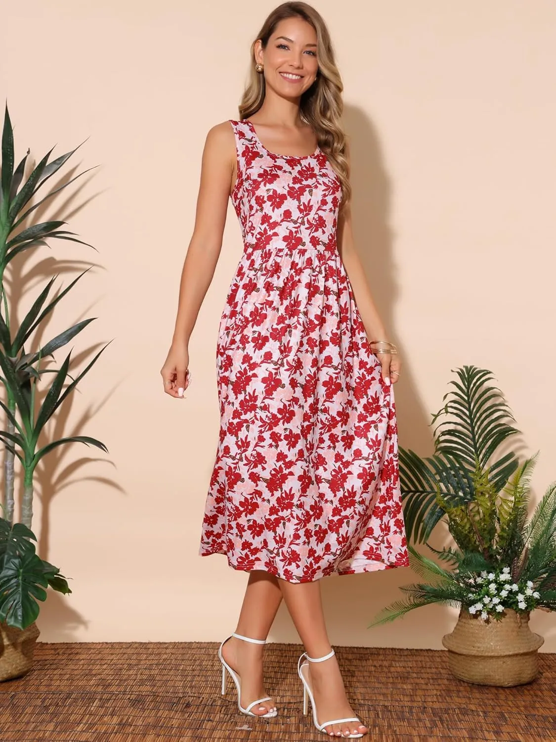 Seta T Women's Summer Dresses Sleeveless Sundresses Beach Boho Vintage Floral Flowy Tank Dress with Pocket
