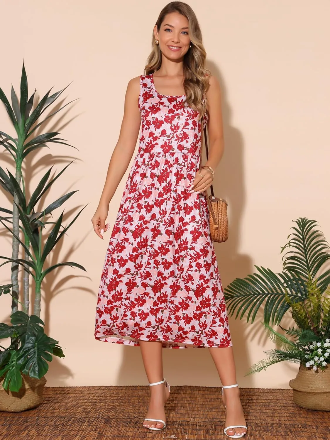 Seta T Women's Summer Dresses Sleeveless Sundresses Beach Boho Vintage Floral Flowy Tank Dress with Pocket