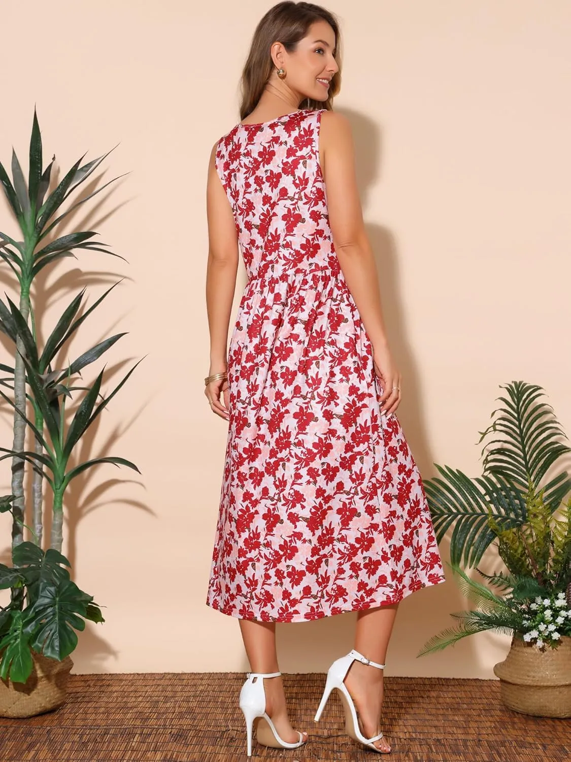 Seta T Women's Summer Dresses Sleeveless Sundresses Beach Boho Vintage Floral Flowy Tank Dress with Pocket