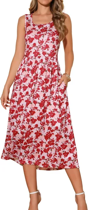 Seta T Women's Summer Dresses Sleeveless Sundresses Beach Boho Vintage Floral Flowy Tank Dress with Pocket