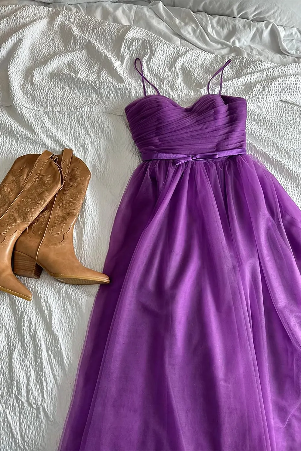 Sevintage Spaghetti Straps Tulle Prom Dress Tea Length Formal Party Evening Dress with Pockets