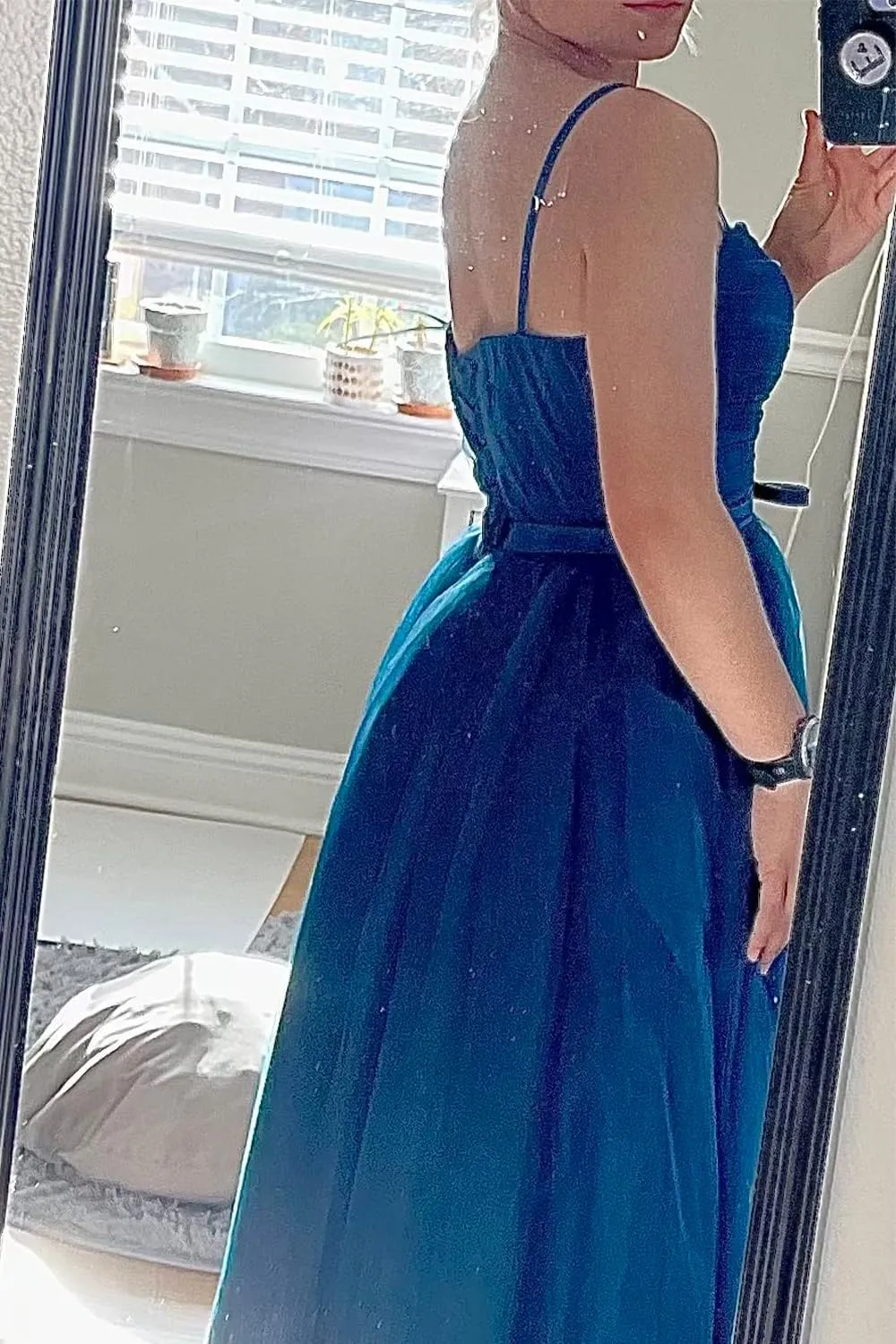 Sevintage Spaghetti Straps Tulle Prom Dress Tea Length Formal Party Evening Dress with Pockets