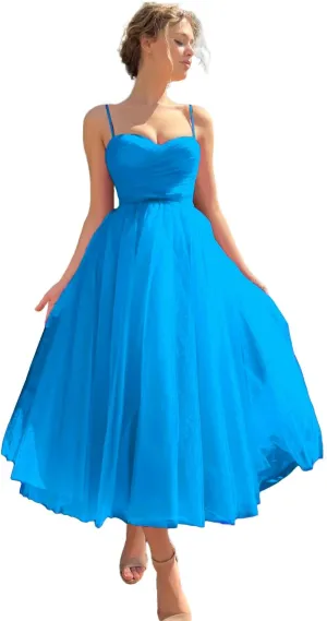 Sevintage Spaghetti Straps Tulle Prom Dress Tea Length Formal Party Evening Dress with Pockets