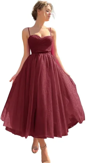 Sevintage Spaghetti Straps Tulle Prom Dress Tea Length Formal Party Evening Dress with Pockets