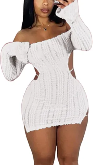 Sexy Off Shoulder Fuzzy Y2K Mini Dress for Women Strappy Backless Long Sleeve Party Club Birthday Dresses Date Night