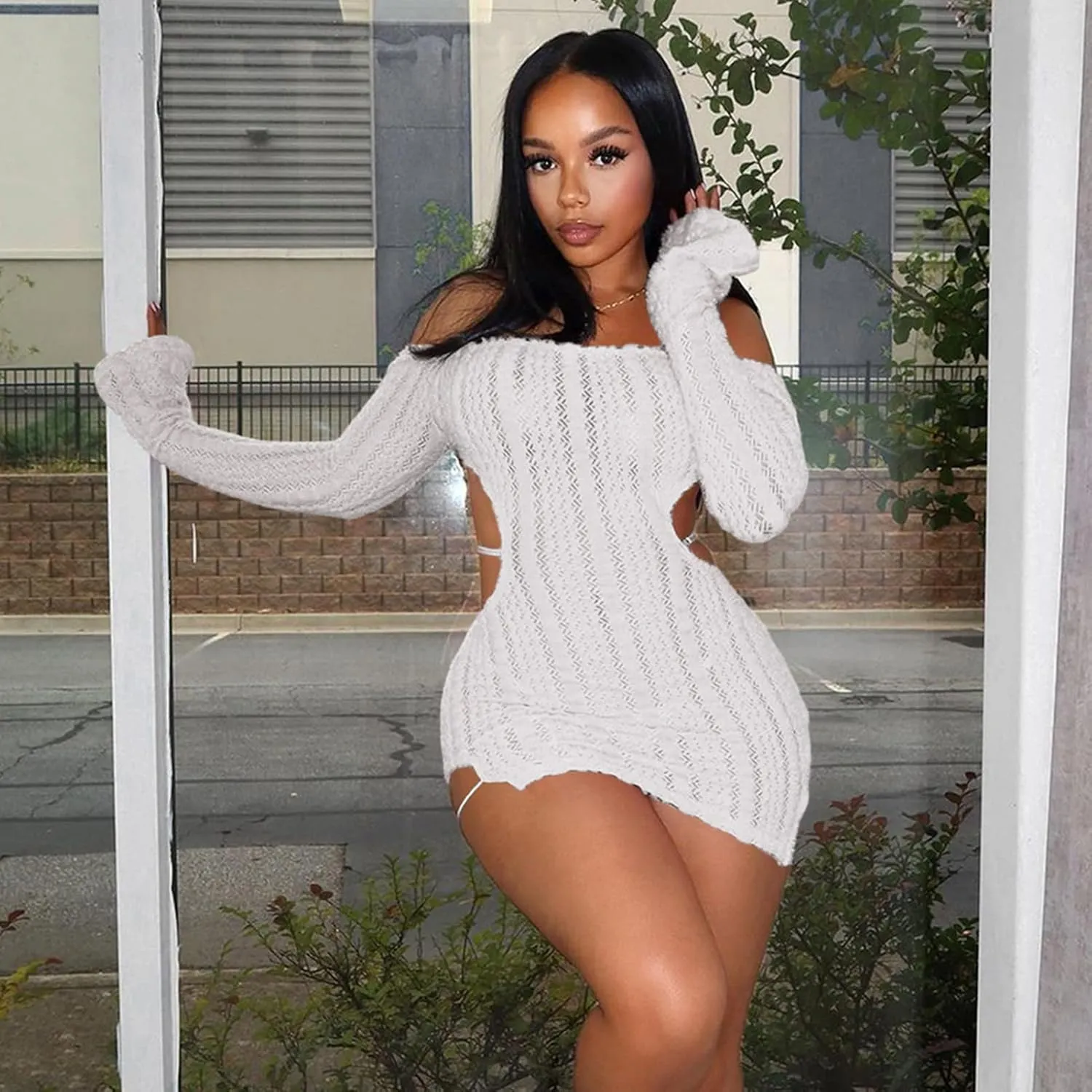 Sexy Off Shoulder Fuzzy Y2K Mini Dress for Women Strappy Backless Long Sleeve Party Club Birthday Dresses Date Night