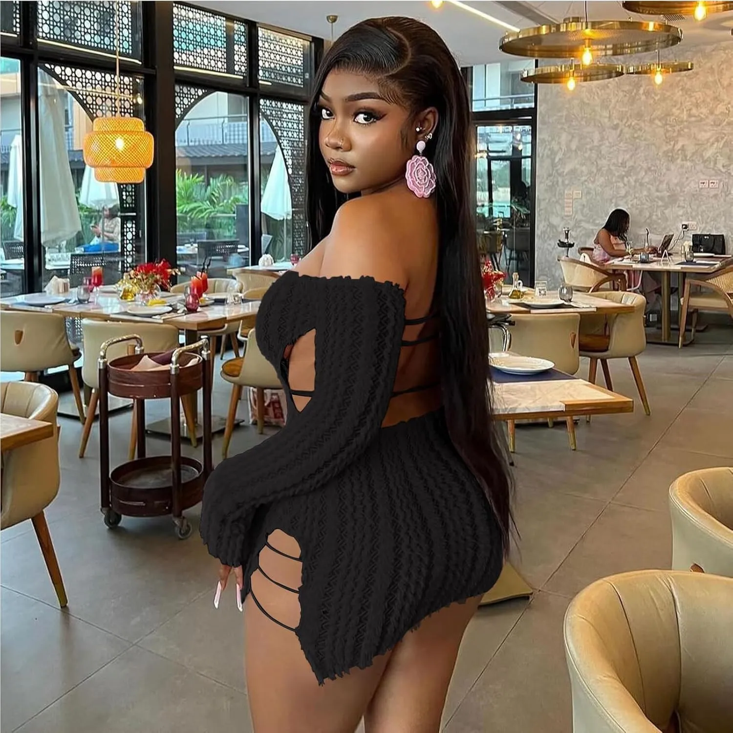 Sexy Off Shoulder Fuzzy Y2K Mini Dress for Women Strappy Backless Long Sleeve Party Club Birthday Dresses Date Night