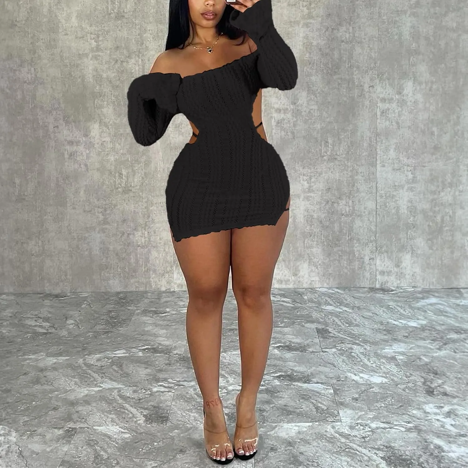 Sexy Off Shoulder Fuzzy Y2K Mini Dress for Women Strappy Backless Long Sleeve Party Club Birthday Dresses Date Night