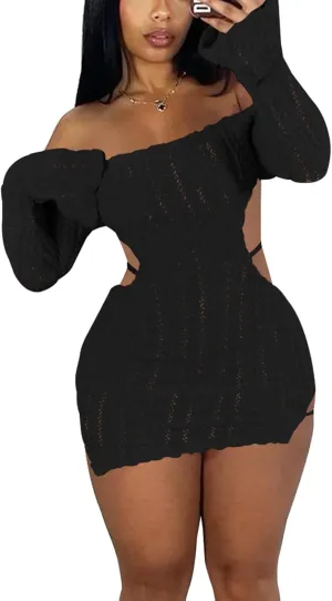 Sexy Off Shoulder Fuzzy Y2K Mini Dress for Women Strappy Backless Long Sleeve Party Club Birthday Dresses Date Night