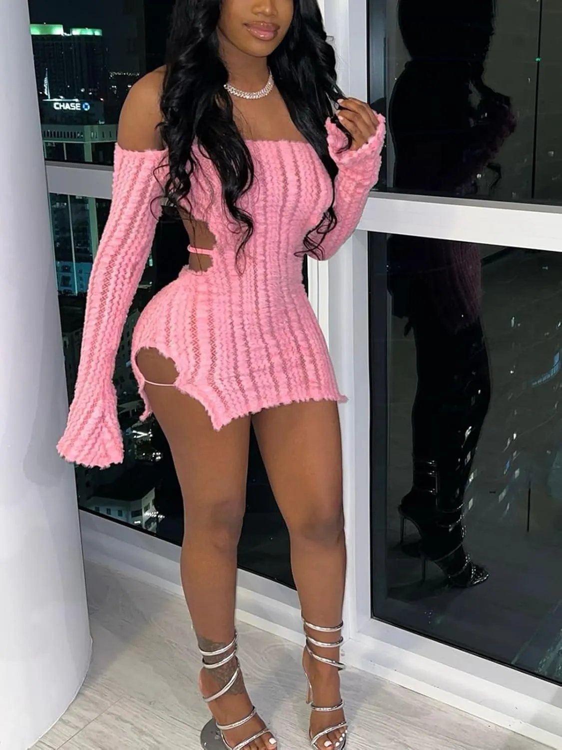 Sexy Off Shoulder Fuzzy Y2K Mini Dress for Women Strappy Backless Long Sleeve Party Club Birthday Dresses Date Night