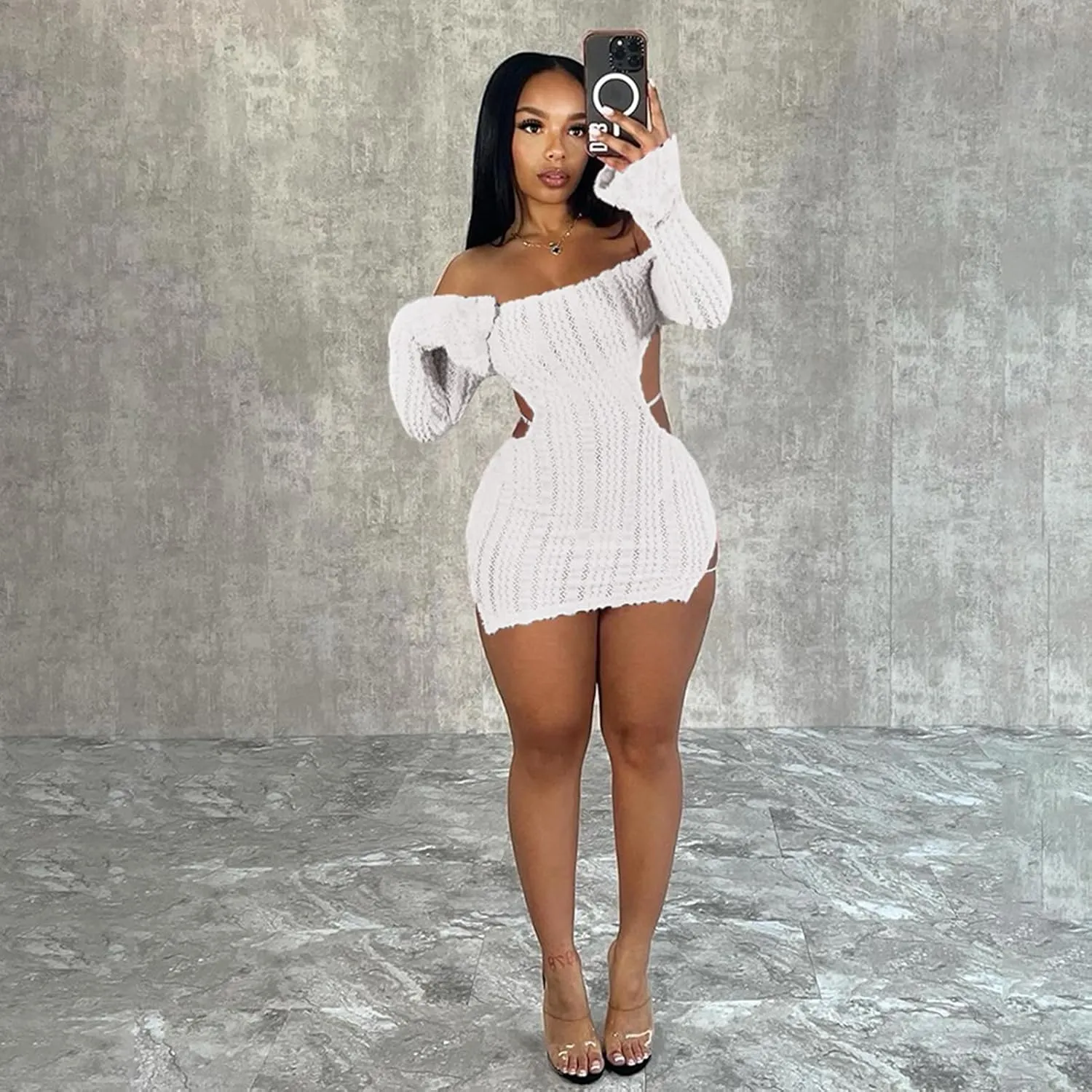 Sexy Off Shoulder Fuzzy Y2K Mini Dress for Women Strappy Backless Long Sleeve Party Club Birthday Dresses Date Night
