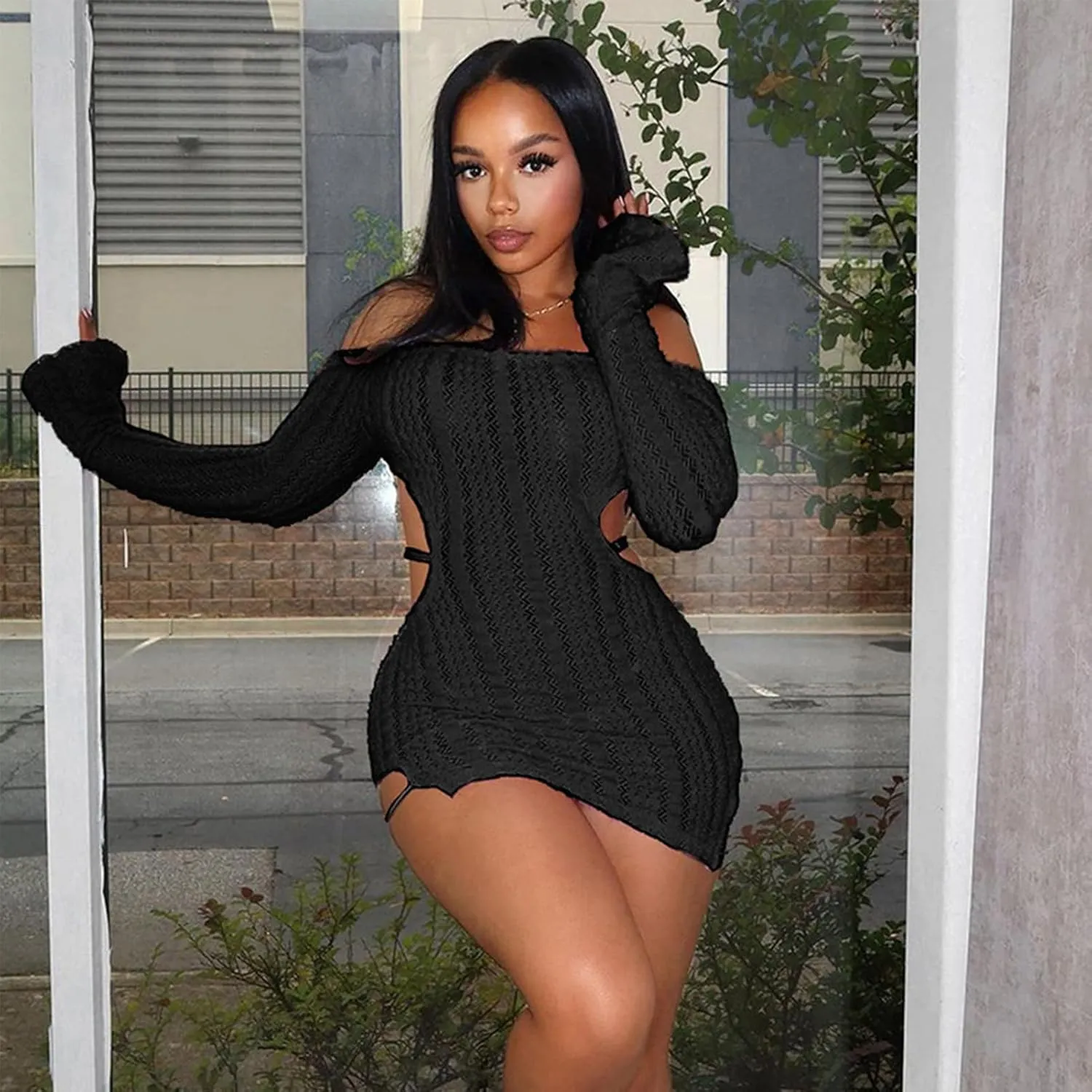 Sexy Off Shoulder Fuzzy Y2K Mini Dress for Women Strappy Backless Long Sleeve Party Club Birthday Dresses Date Night
