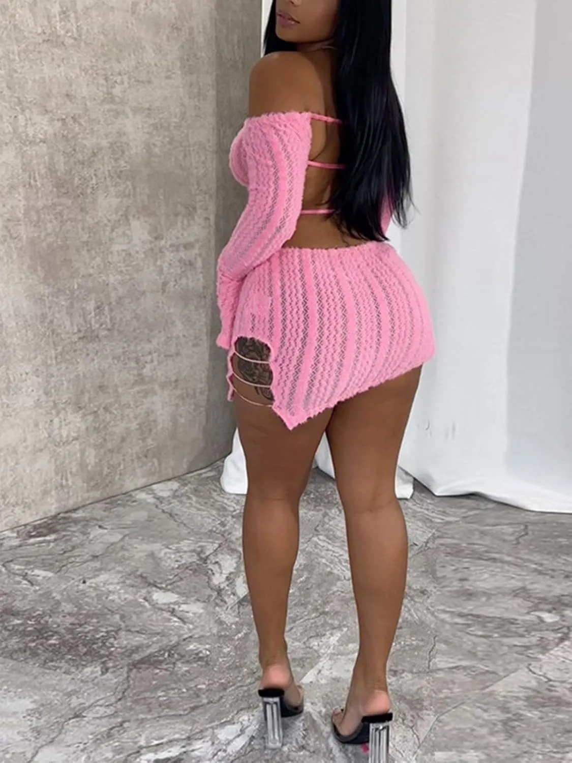 Sexy Off Shoulder Fuzzy Y2K Mini Dress for Women Strappy Backless Long Sleeve Party Club Birthday Dresses Date Night