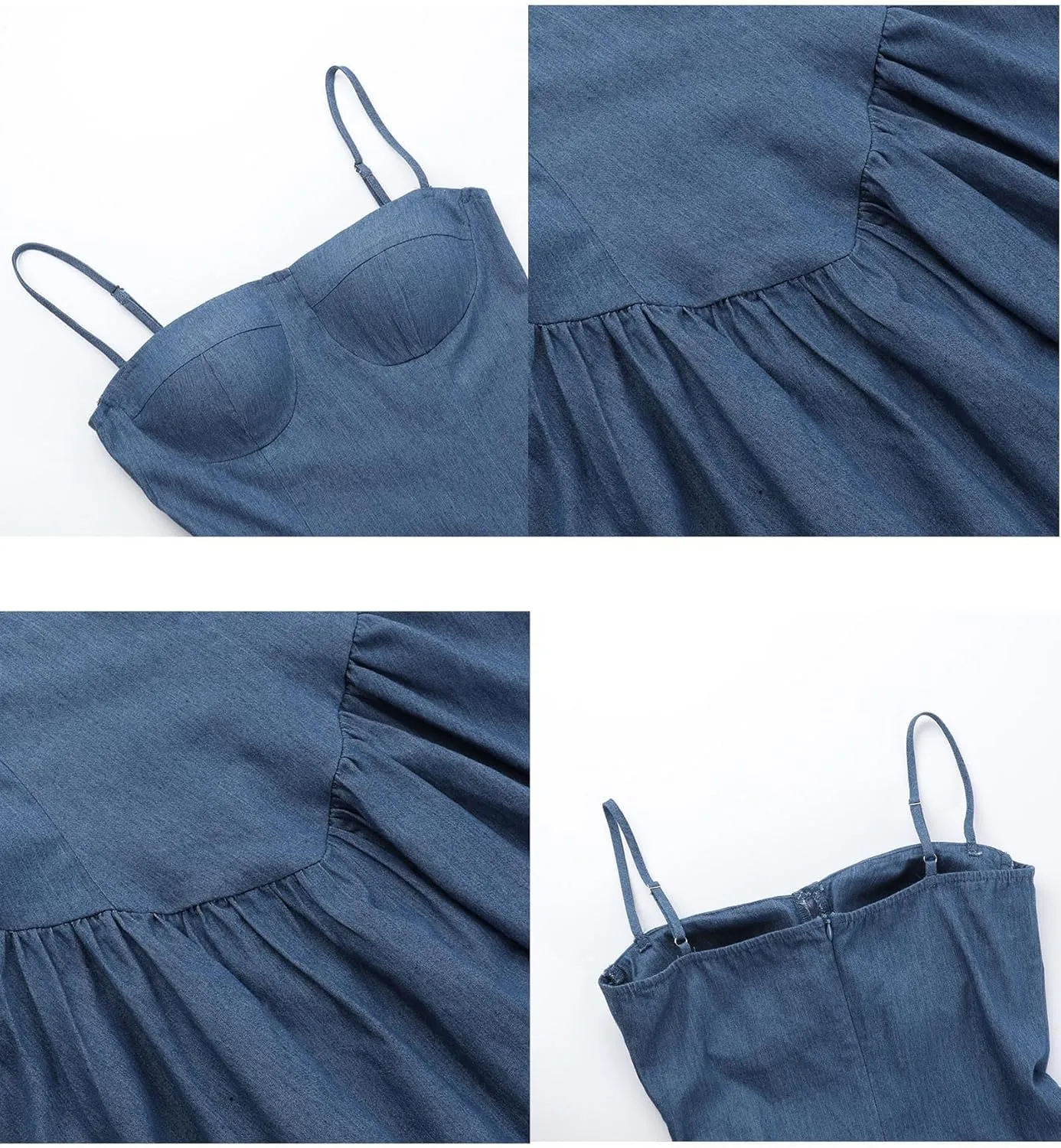 Sexyshine Women's Spaghetti Strap Tube Top Flared Denim Mini Dress A-Line Backless Ruffle Hem Pleated Skater Jeans Dresses
