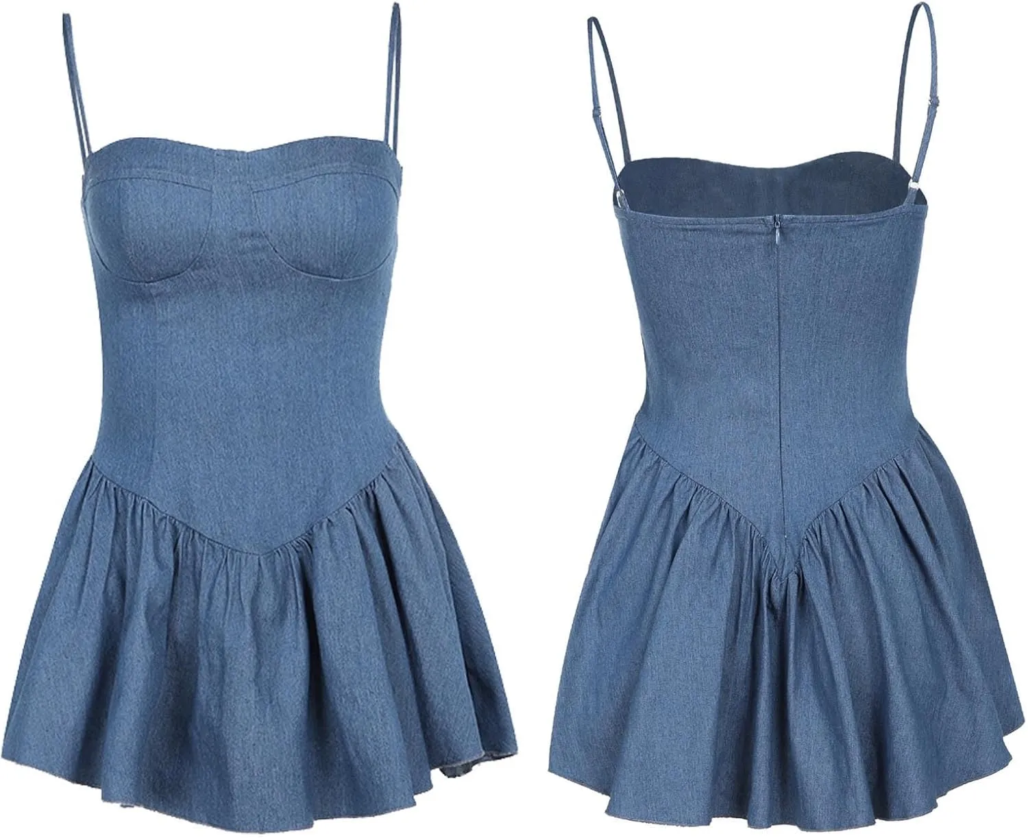 Sexyshine Women's Spaghetti Strap Tube Top Flared Denim Mini Dress A-Line Backless Ruffle Hem Pleated Skater Jeans Dresses