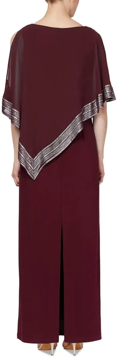 S.L. Fashions Women's Long Capelet Mother of The Bride Dress with Metallic Trim (Petite and Regular Sizes)