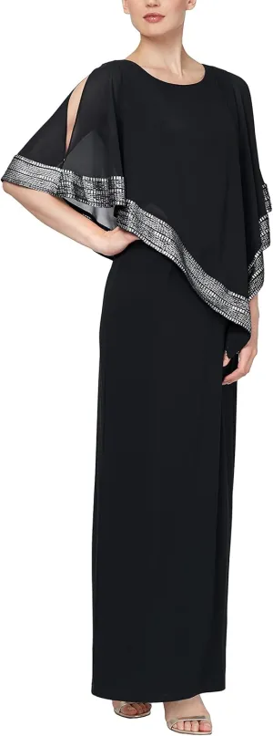 S.L. Fashions Women's Long Capelet Mother of The Bride Dress with Metallic Trim (Petite and Regular Sizes)