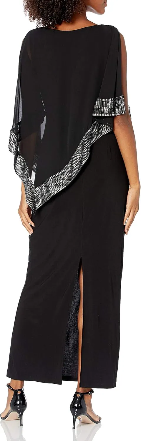 S.L. Fashions Women's Long Capelet Mother of The Bride Dress with Metallic Trim (Petite and Regular Sizes)