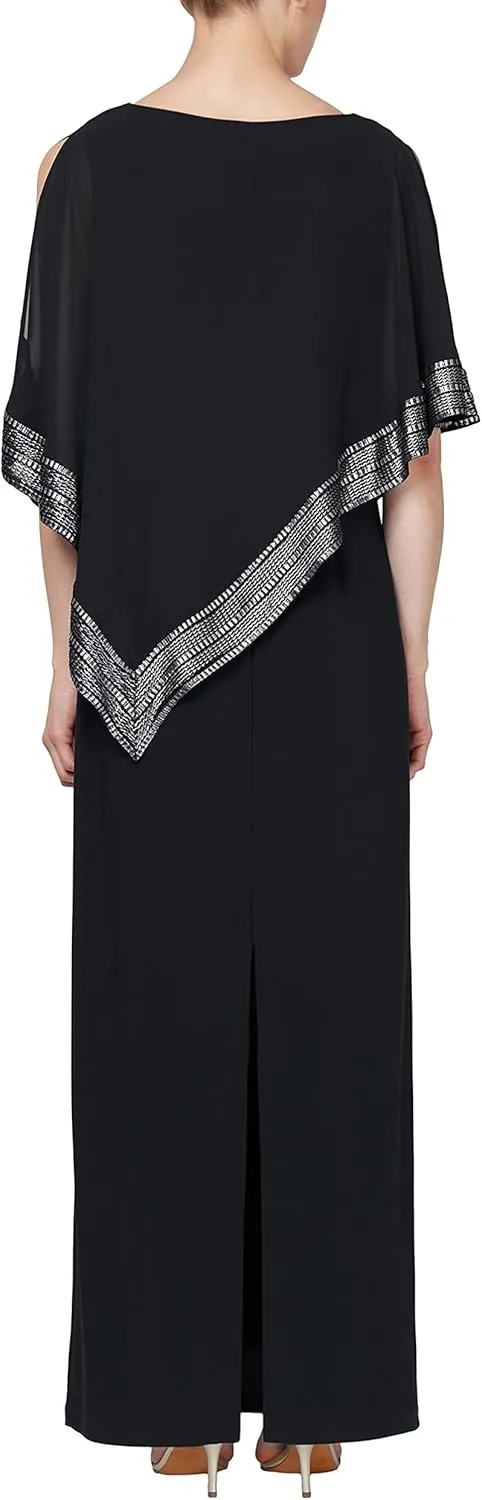 S.L. Fashions Women's Long Capelet Mother of The Bride Dress with Metallic Trim (Petite and Regular Sizes)