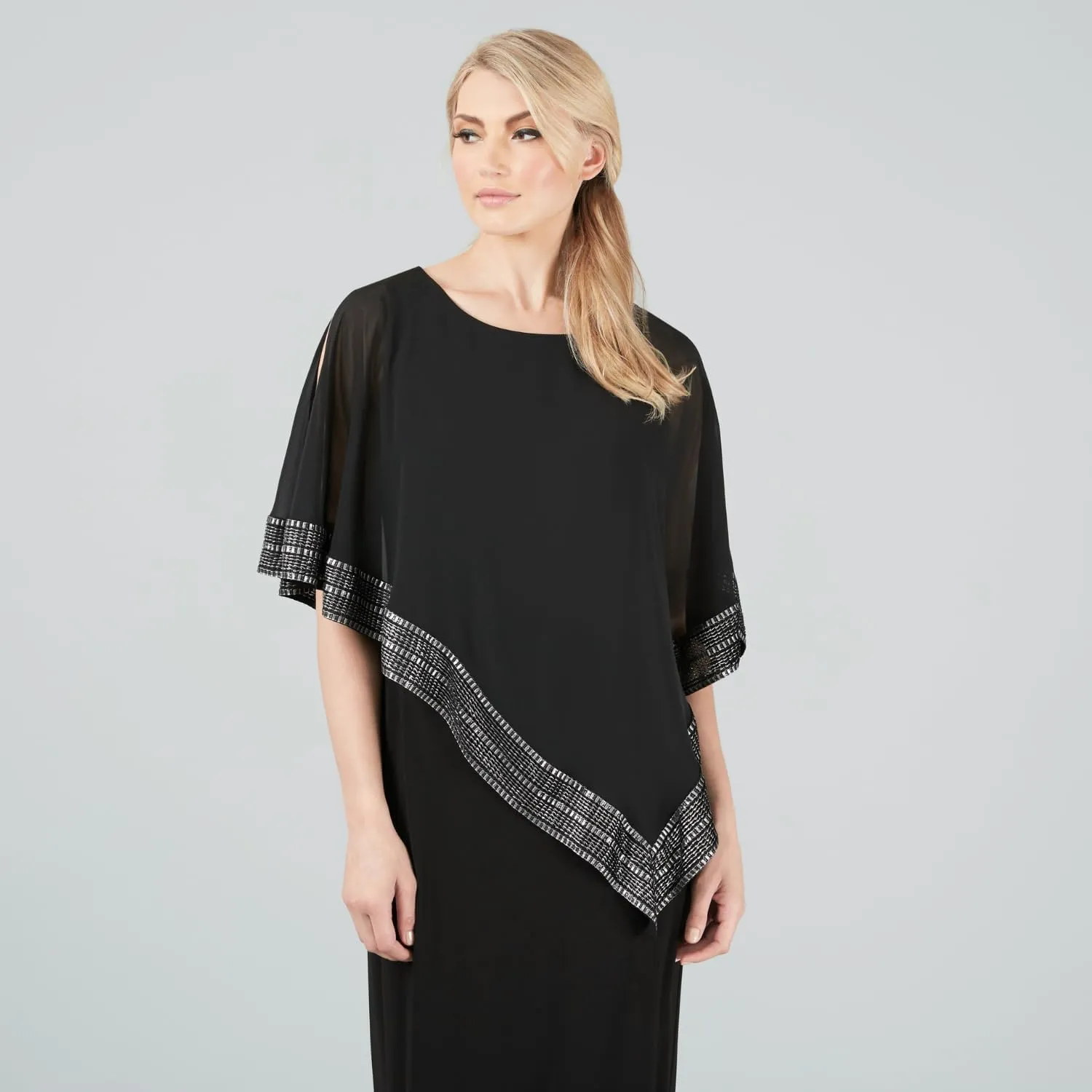 S.L. Fashions Women's Long Capelet Mother of The Bride Dress with Metallic Trim (Petite and Regular Sizes)