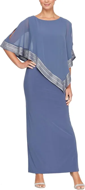 S.L. Fashions Women's Long Capelet Mother of The Bride Dress with Metallic Trim (Petite and Regular Sizes)