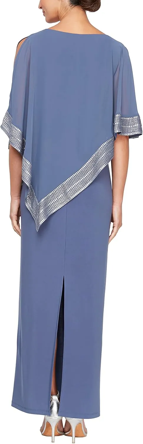S.L. Fashions Women's Long Capelet Mother of The Bride Dress with Metallic Trim (Petite and Regular Sizes)