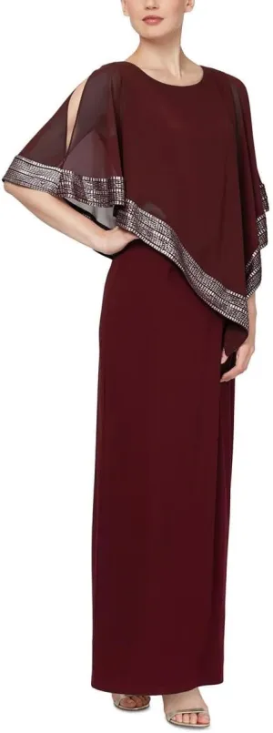 S.L. Fashions Women's Long Capelet Mother of The Bride Dress with Metallic Trim (Petite and Regular Sizes)