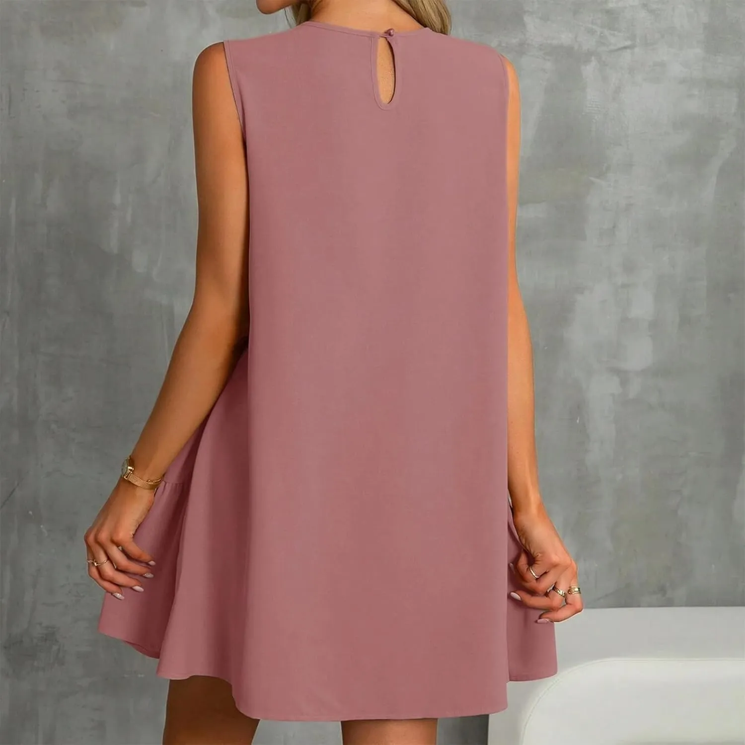 Sleeveless Dress for Women Crewneck Casual Summer Mini Dresses Trendy Ruffle A Line Babydoll Dress Cute Short Sundress