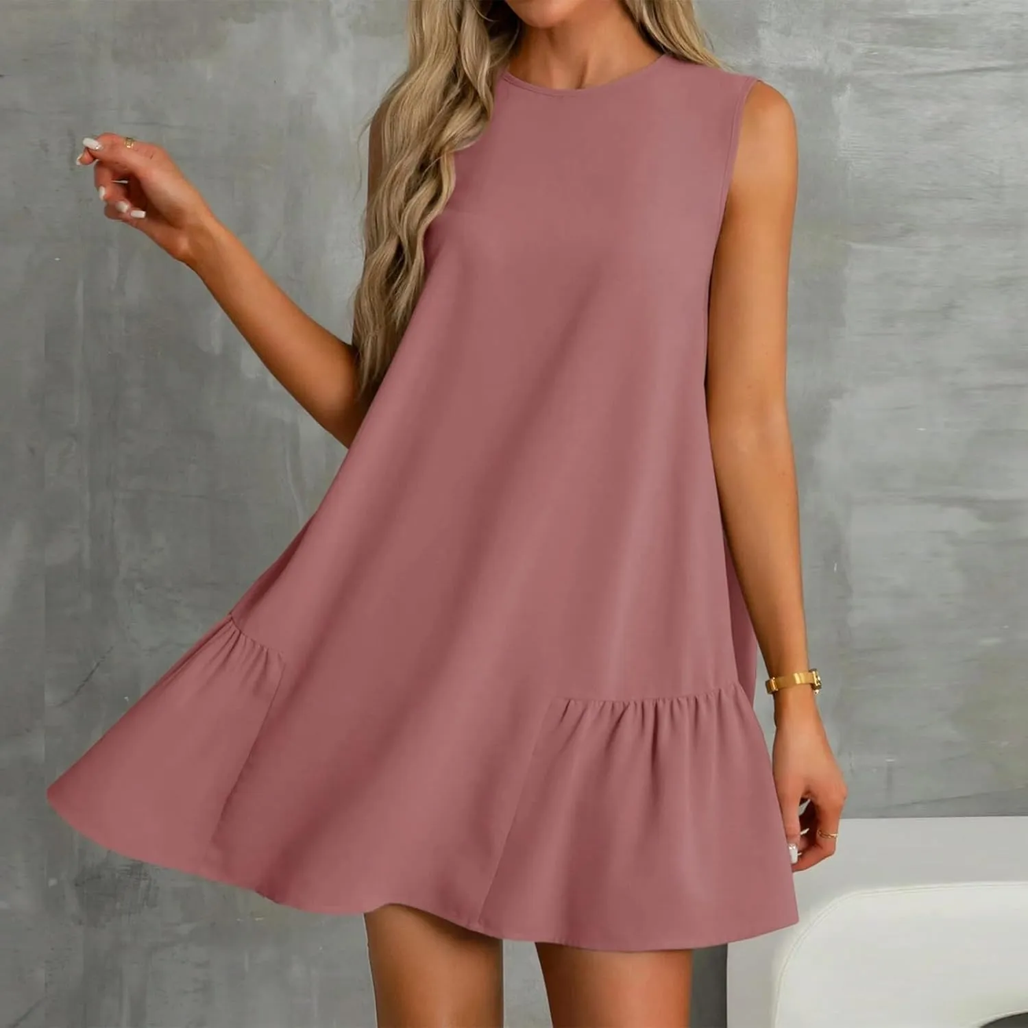Sleeveless Dress for Women Crewneck Casual Summer Mini Dresses Trendy Ruffle A Line Babydoll Dress Cute Short Sundress