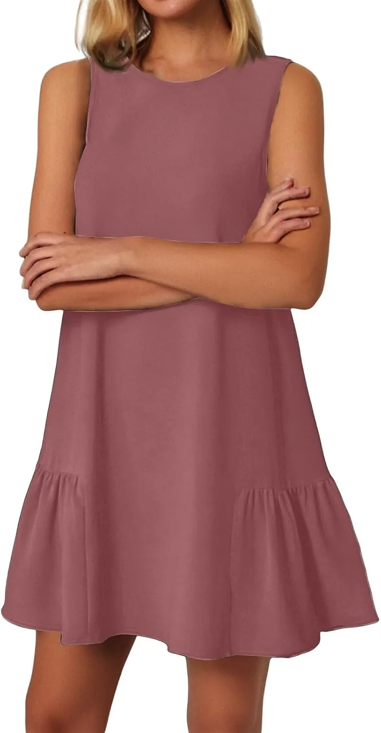 Sleeveless Dress for Women Crewneck Casual Summer Mini Dresses Trendy Ruffle A Line Babydoll Dress Cute Short Sundress