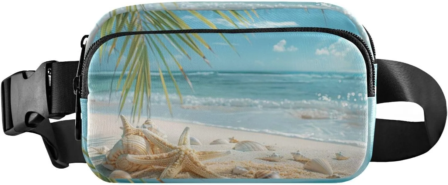 Small Travel Fanny Pack with Adjustable Strap Unisex Sunny Beach Scene Waist Pack for Running, Hiking