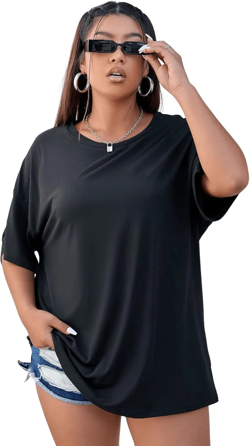 SOLY HUX Women's Plus Size Butterfly Embroidered Cut Out Back Half Sleeve T Shirt Casual Tee Tops