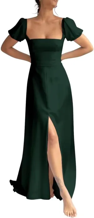 Square Neck Long Wedding Dress for Bride Chiffon A-line Prom Dresses with Slit Puffy Short Sleeves Evening Gowns