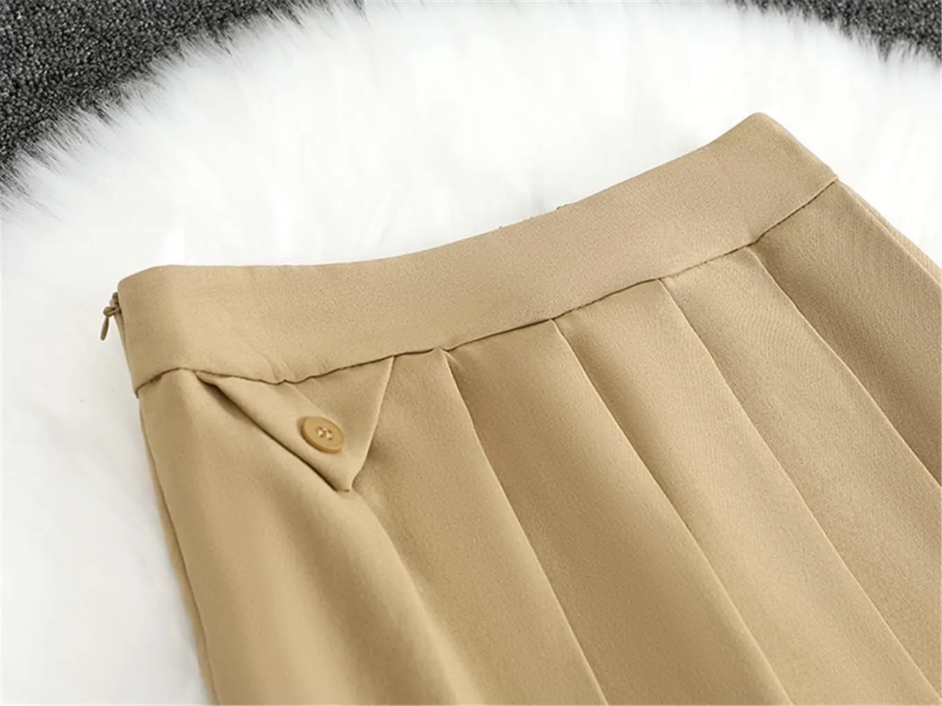 Suit Fabric A-Line Pleated Skirst Women Spring Autumn Umbrella Skirts Thin Midi Casual Skirt