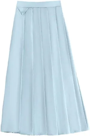 Suit Fabric A-Line Pleated Skirst Women Spring Autumn Umbrella Skirts Thin Midi Casual Skirt