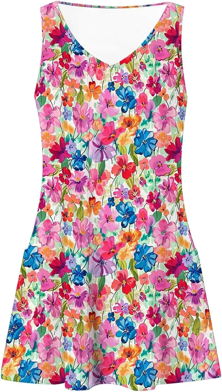 Summer Beach Dresses for Women 2025 Trendy Sleeveless v Neck Flowy Mini Aline Dress Boho Floral Tshirt Tank Sundress