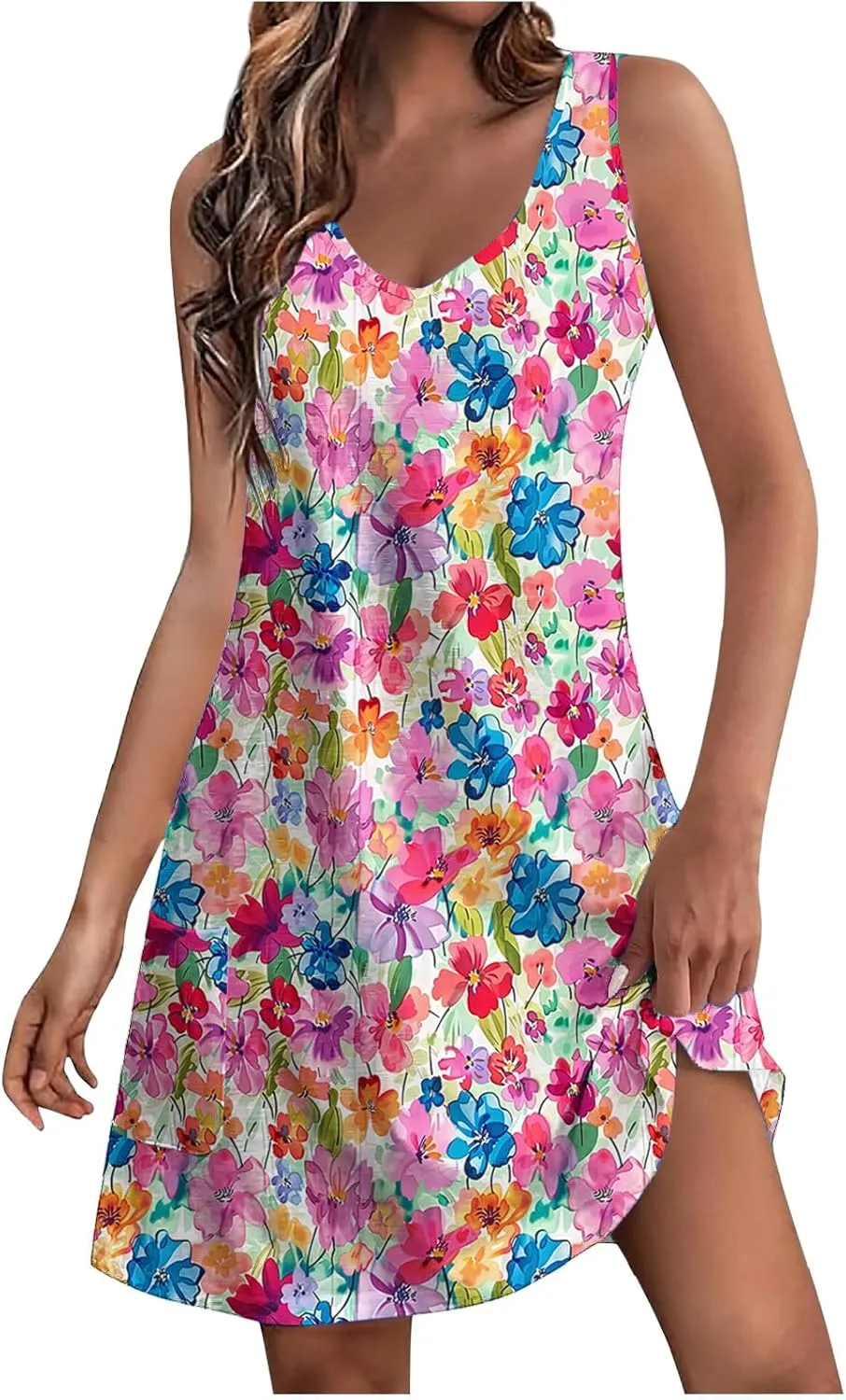 Summer Beach Dresses for Women 2025 Trendy Sleeveless v Neck Flowy Mini Aline Dress Boho Floral Tshirt Tank Sundress