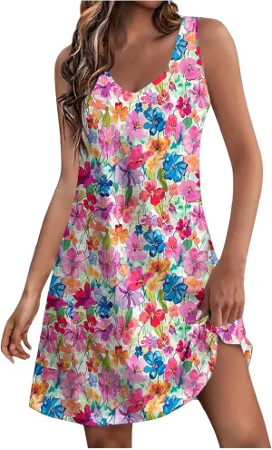 Summer Beach Dresses for Women 2025 Trendy Sleeveless v Neck Flowy Mini Aline Dress Boho Floral Tshirt Tank Sundress
