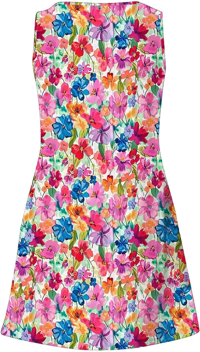Summer Beach Dresses for Women 2025 Trendy Sleeveless v Neck Flowy Mini Aline Dress Boho Floral Tshirt Tank Sundress